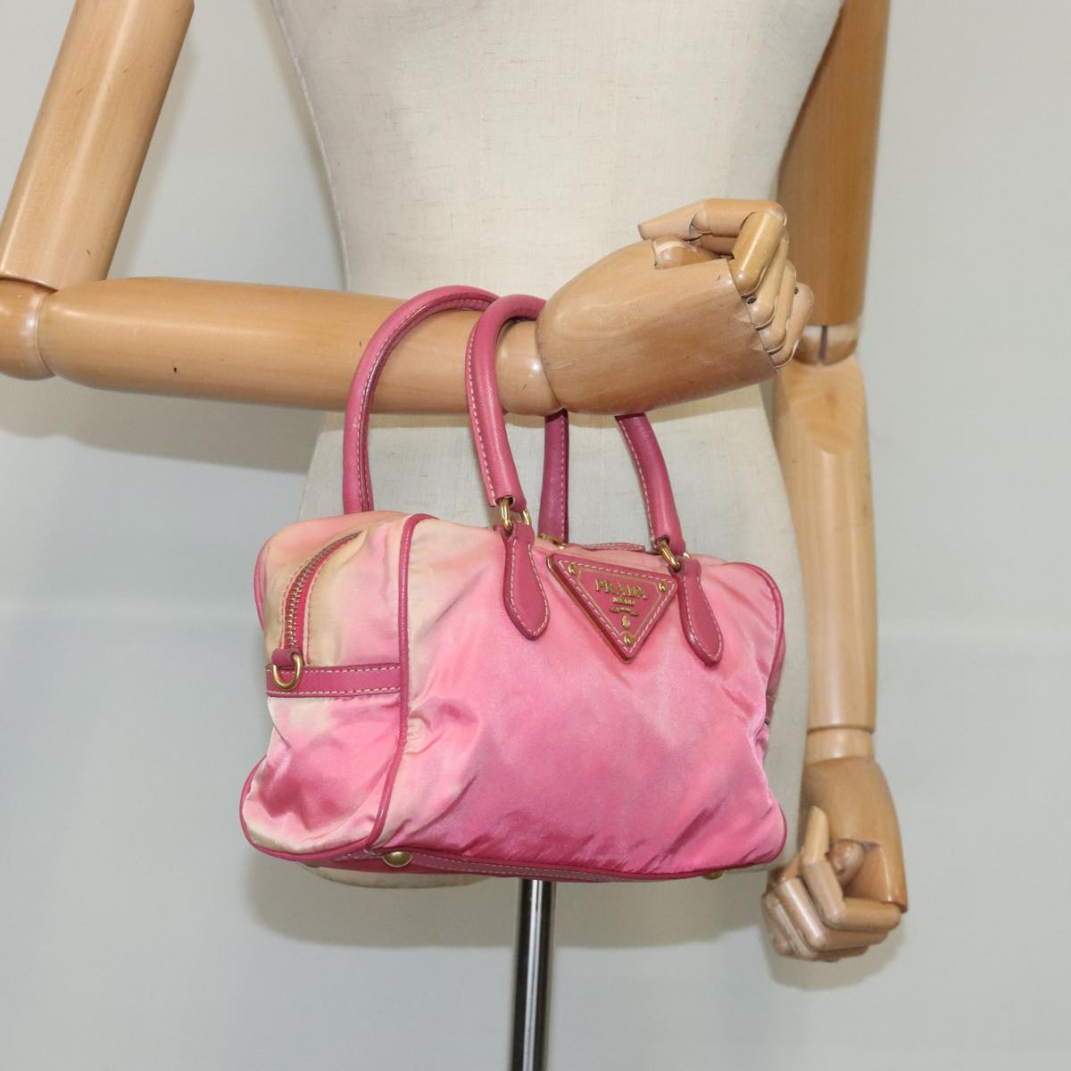 PRADA Hand Bag Nylon Pink Gold Auth 96174