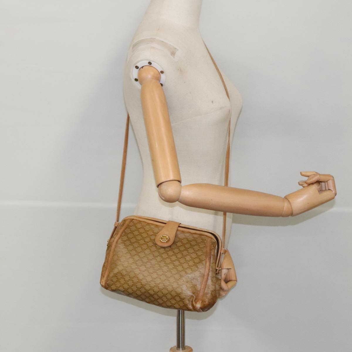 CELINE Macadam Canvas Shoulder Bag Beige Gold Auth 96178