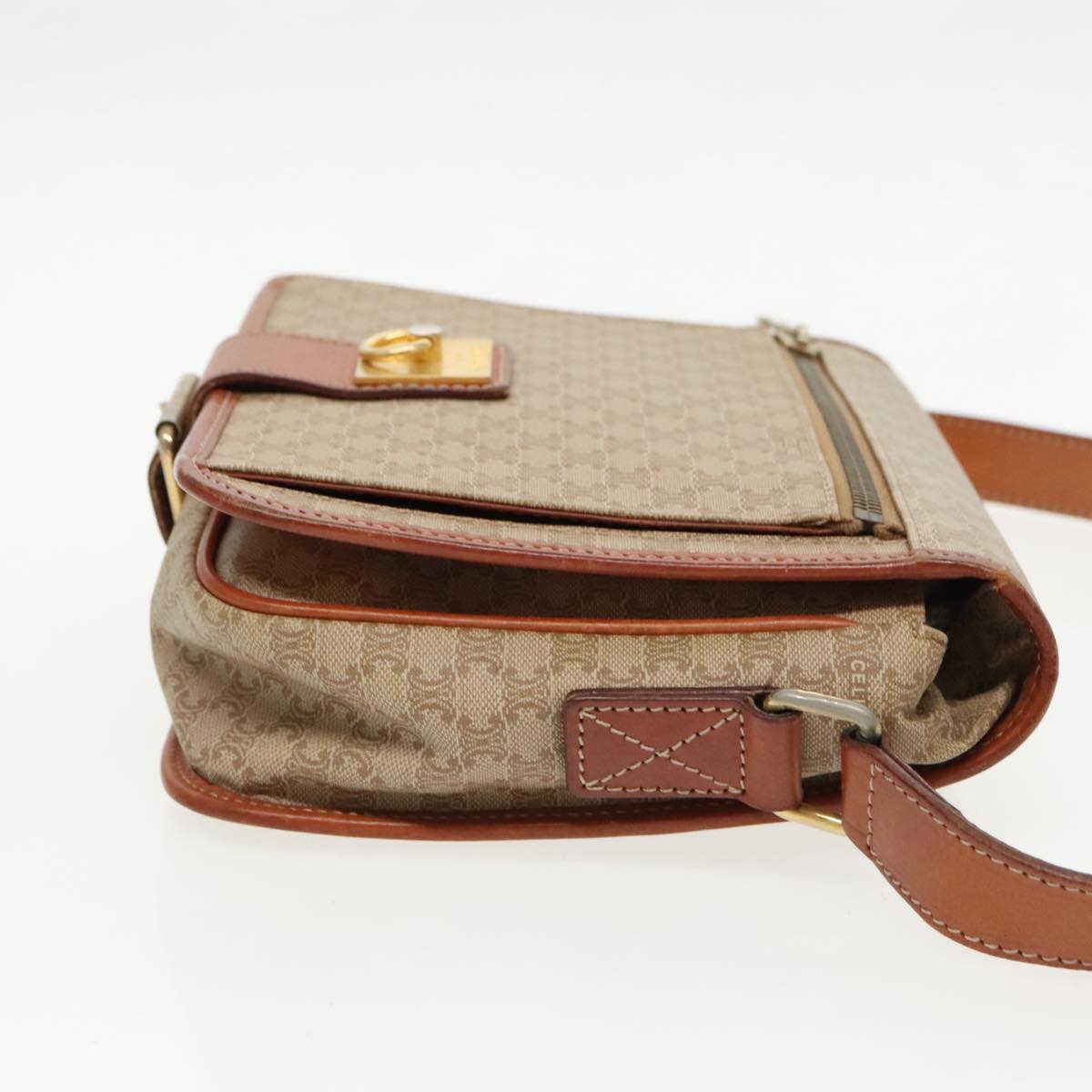 CELINE Macadam Canvas Shoulder Bag Beige Gold Auth 96179