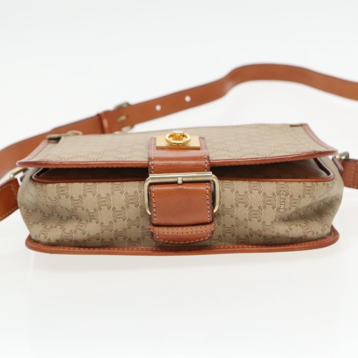 CELINE Macadam Canvas Shoulder Bag Beige Gold Auth 96179