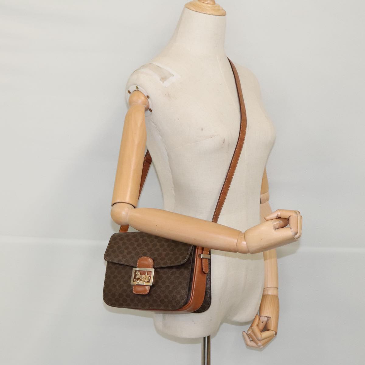 CELINE Macadam Canvas Shoulder Bag PVC Leather Brown Gold Auth 96181