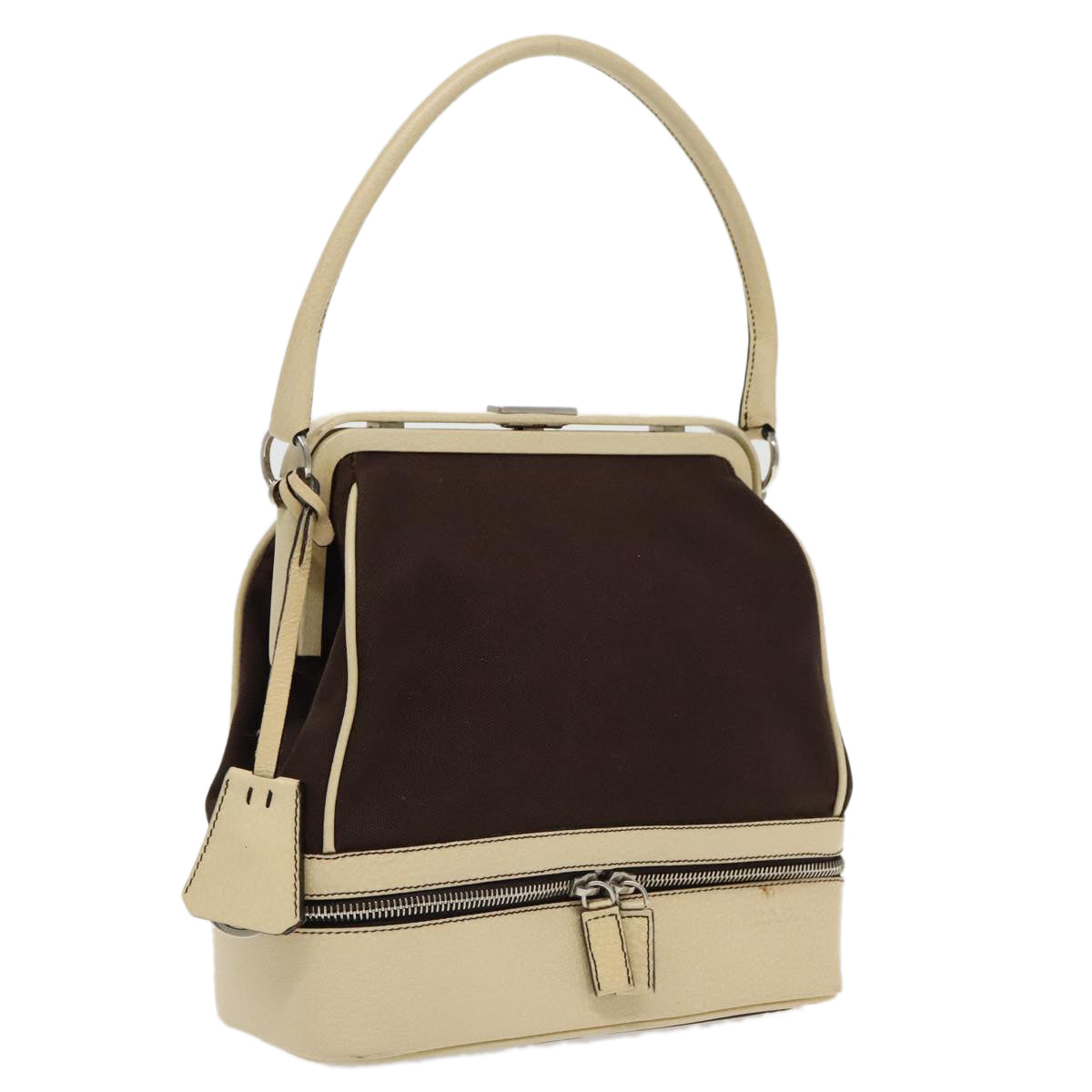 PRADA Hand Bag Canvas Silver Brown Auth 96183