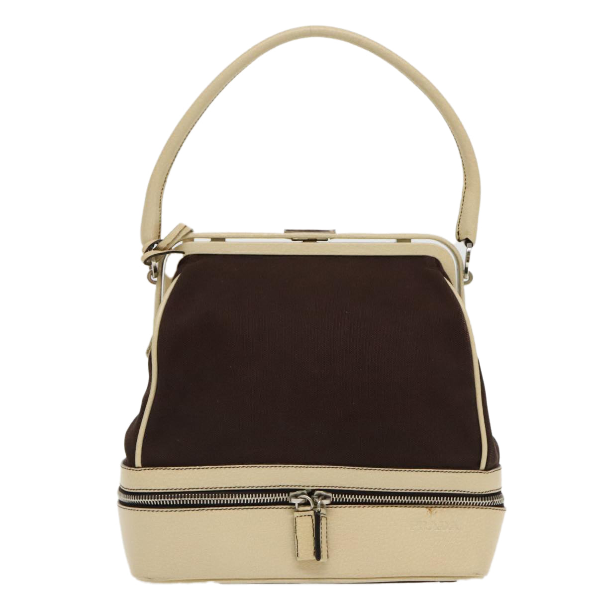 PRADA Hand Bag Canvas Silver Brown Auth 96183