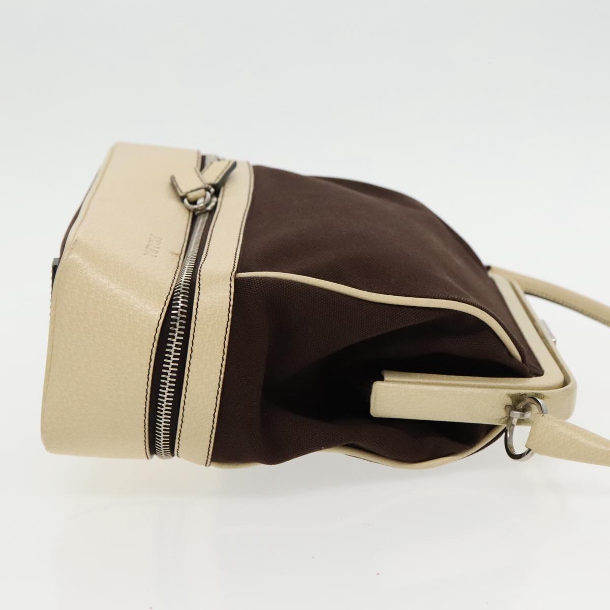 PRADA Hand Bag Canvas Silver Brown Auth 96183