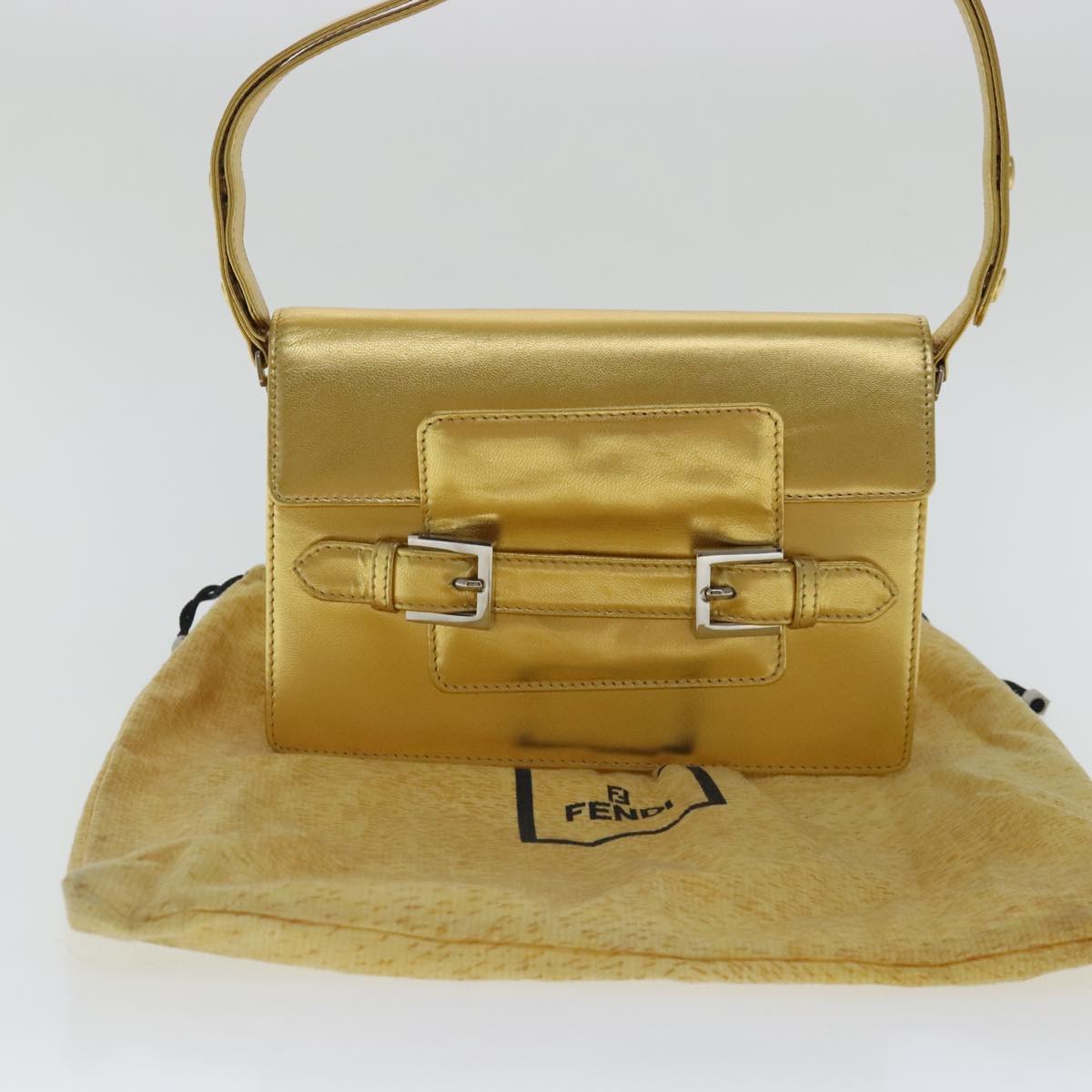 FENDI Hand Bag Leather Silver Gold Auth 96184