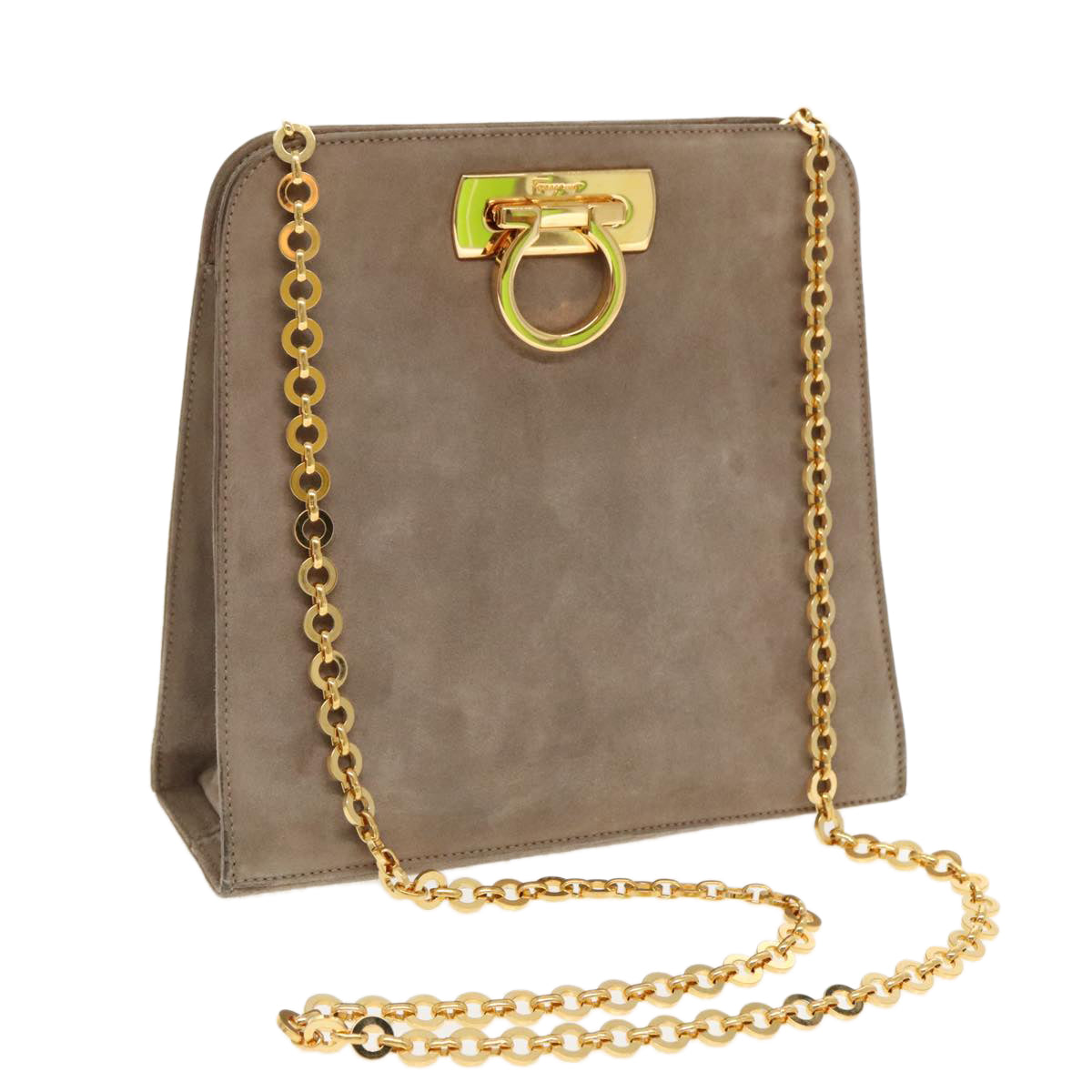 Salvatore Ferragamo Gancini Chain Shoulder Bag Suede Gray Gold Auth 96186