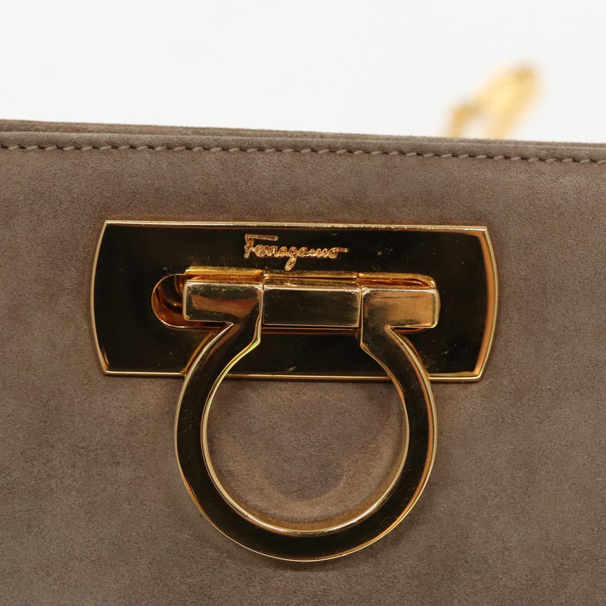 Salvatore Ferragamo Gancini Chain Shoulder Bag Suede Gray Gold Auth 96186