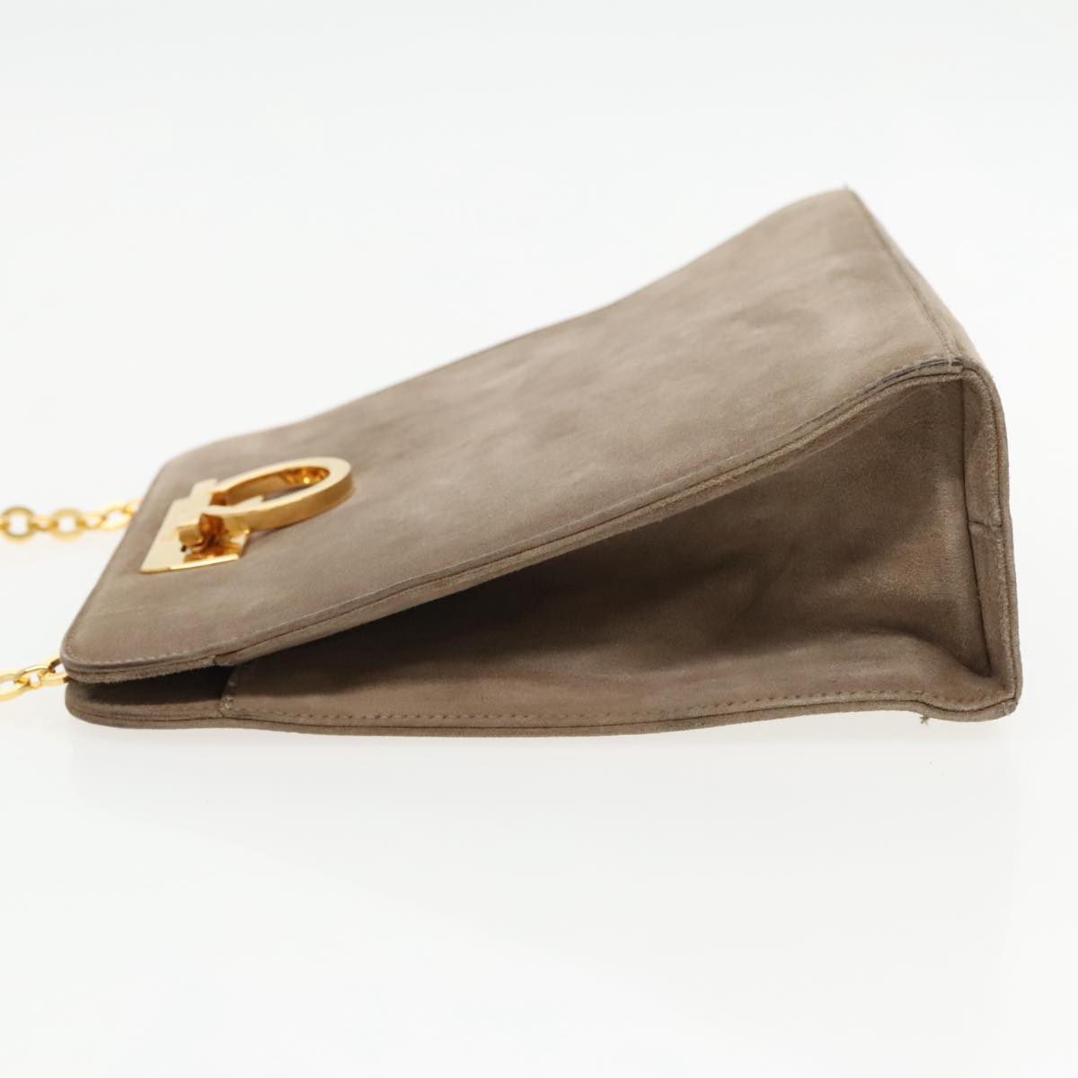 Salvatore Ferragamo Gancini Chain Shoulder Bag Suede Gray Gold Auth 96186