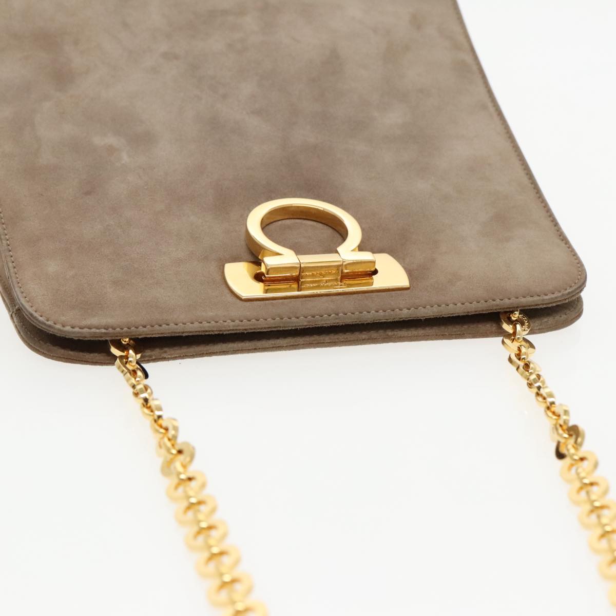 Salvatore Ferragamo Gancini Chain Shoulder Bag Suede Gray Gold Auth 96186