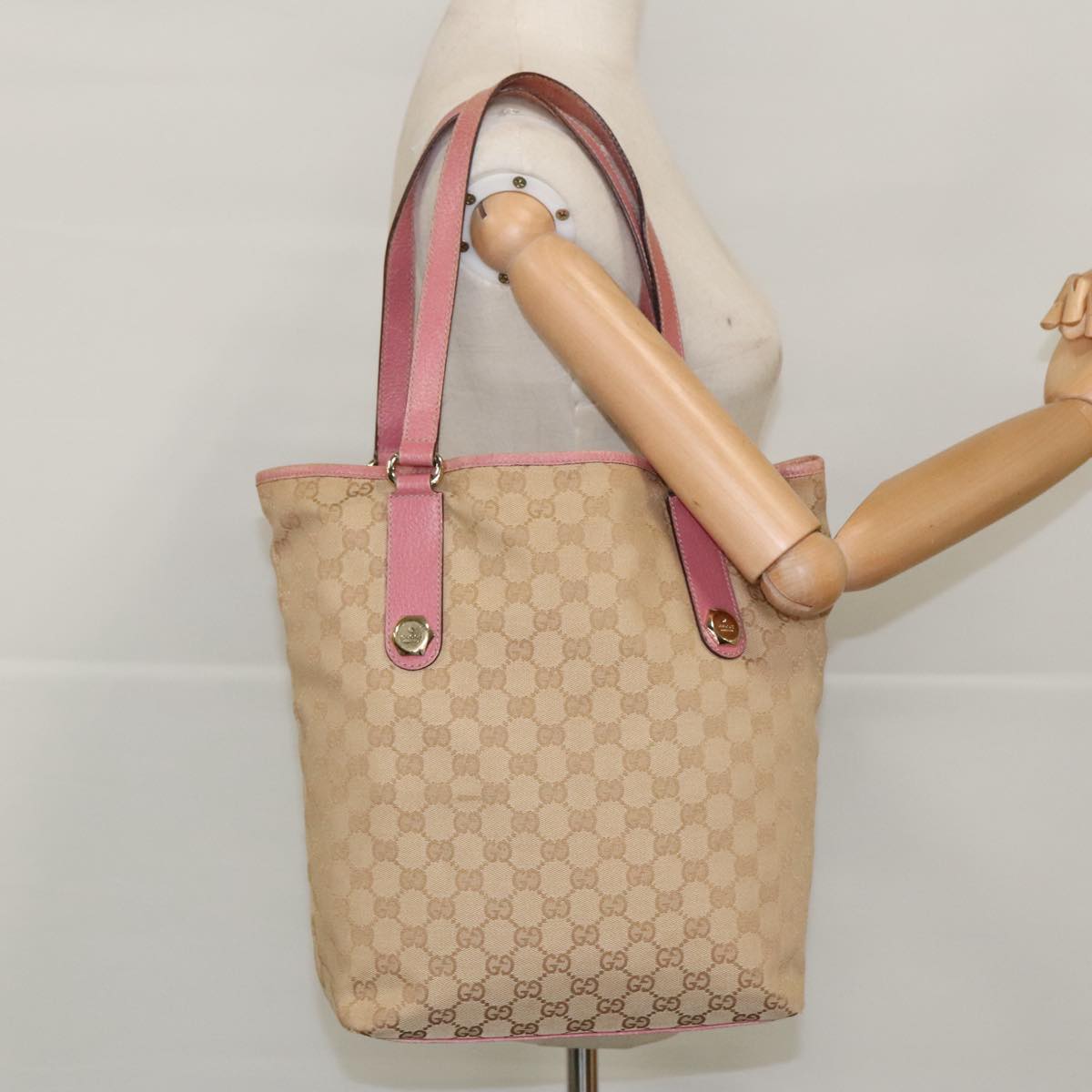 GUCCI GG Canvas Tote Bag Beige Gold pink 153009 Auth 96189