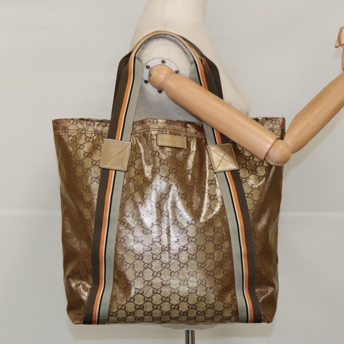 GUCCI GG Crystal Sherry Line Tote Bag Beige Brown gray 189669 Auth 96195