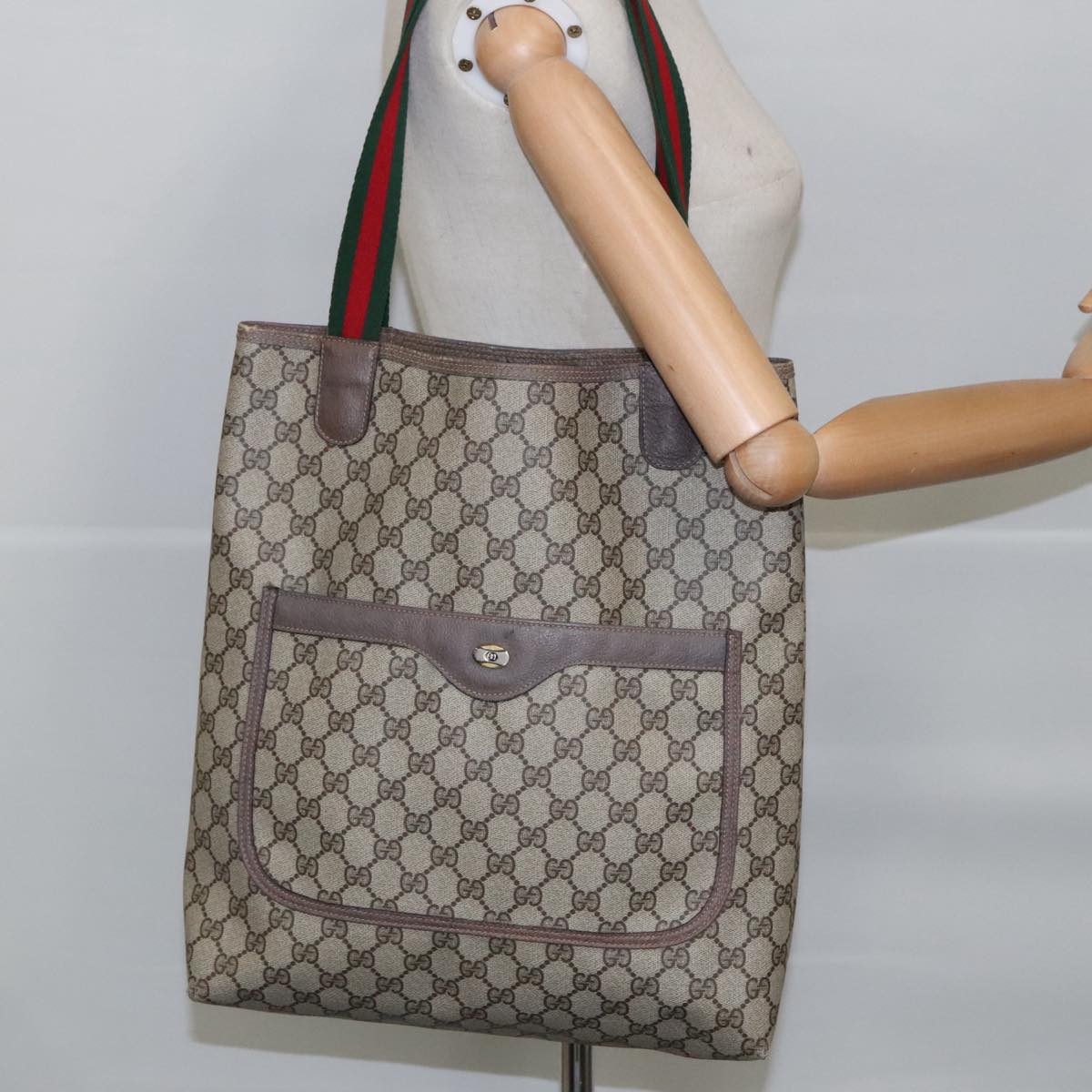 GUCCI GG Supreme Web Sherry Line Tote Bag PVC Leather Beige 39 02 003 Auth 96201