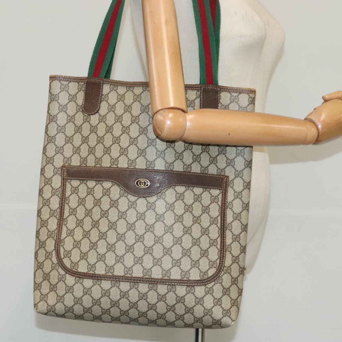 GUCCI GG Supreme Web Sherry Line Tote Bag PVC Beige Red Green Auth 96202