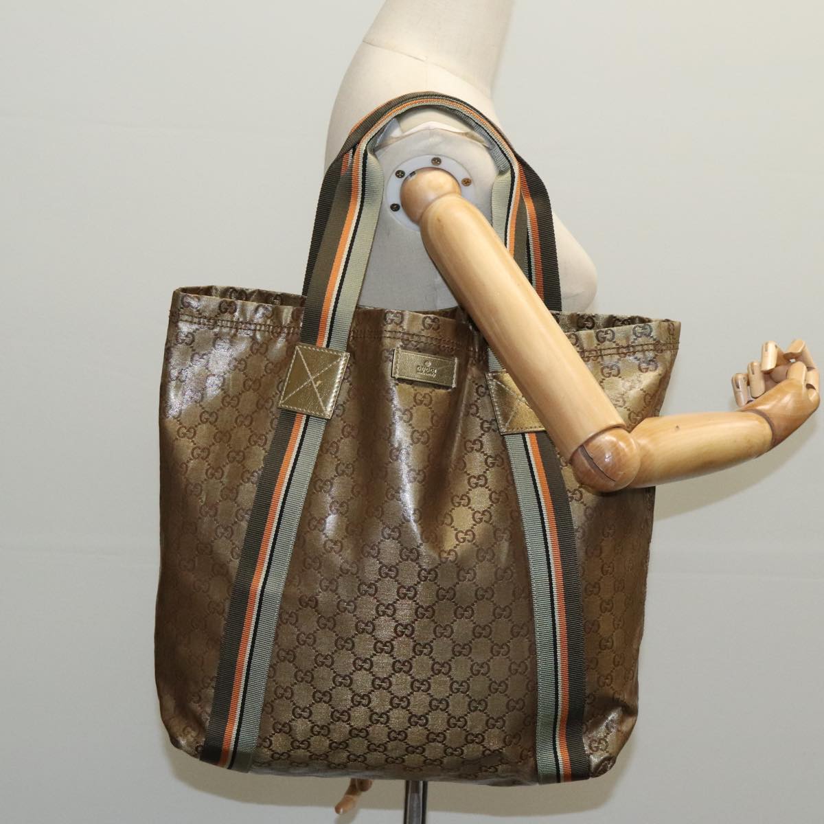 GUCCI GG Crystal Sherry Line Tote Bag Beige Brown gray 189669 Auth 96203