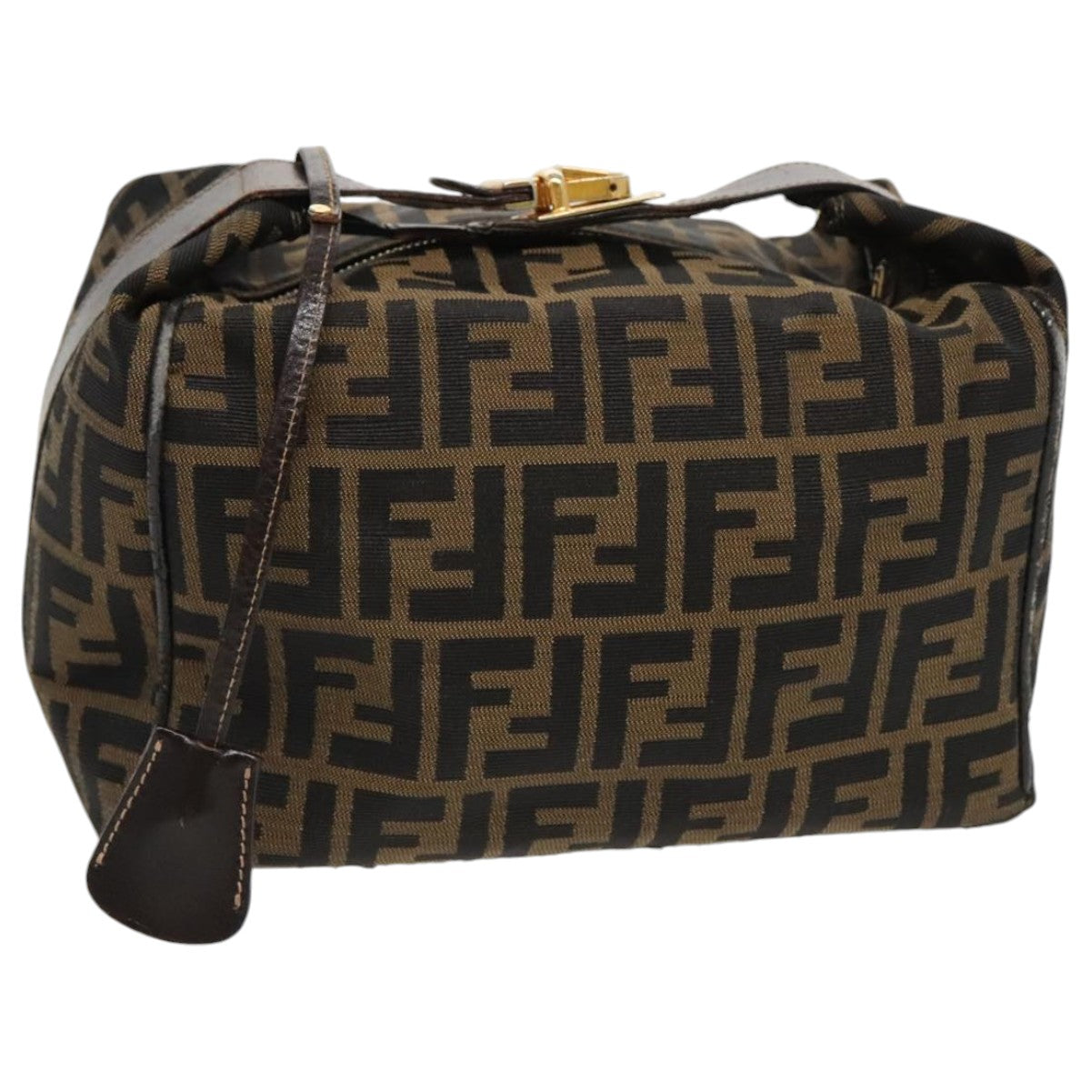 FENDI Zucca Canvas Vanity Hand Bag Brown Black gold Auth 96206