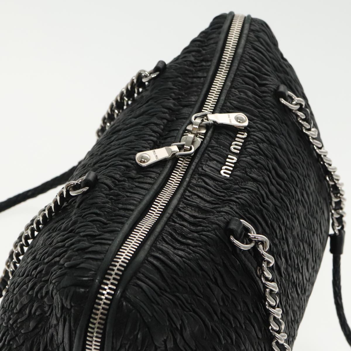 Miu Miu Tote Bag Leather Silver Black Auth 96212