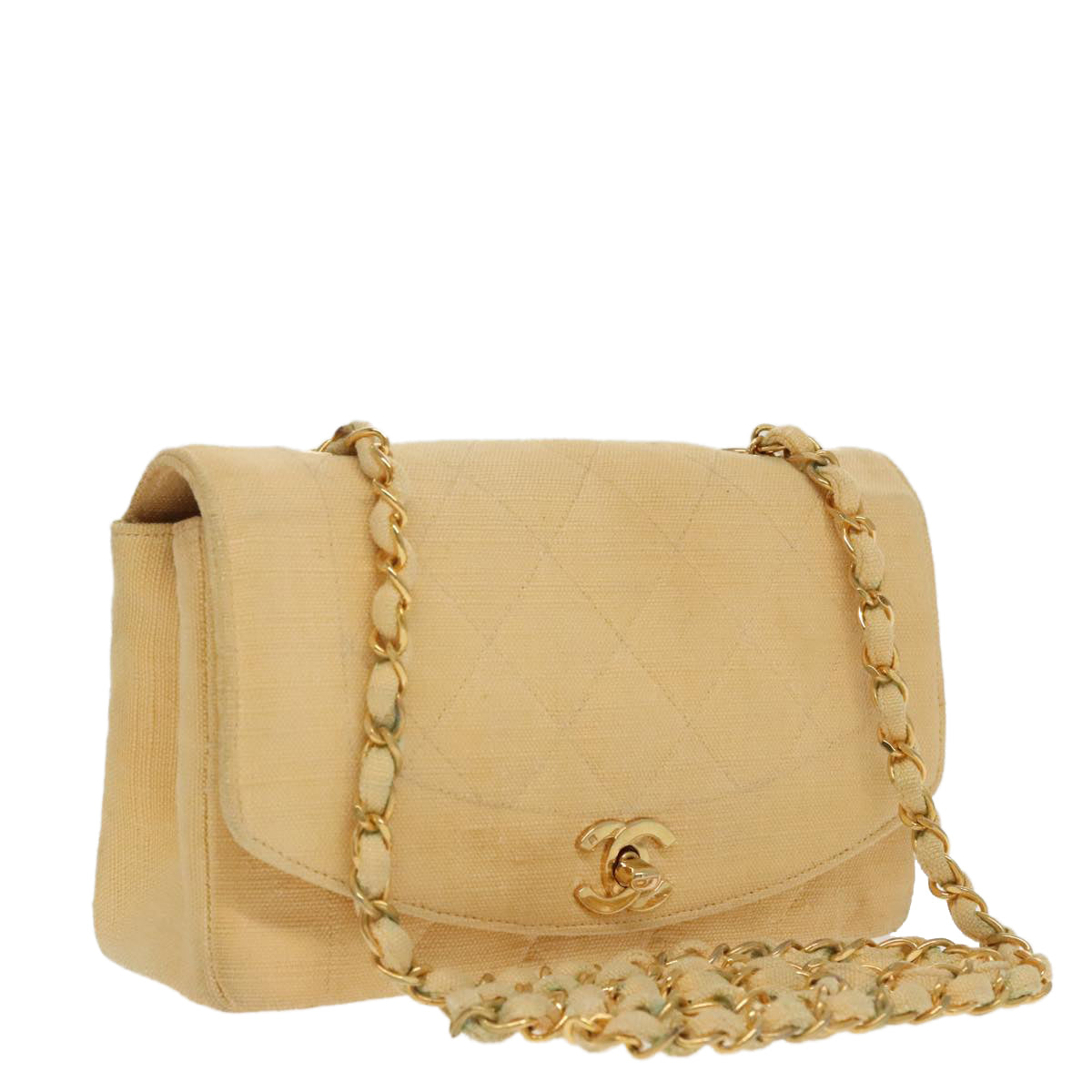 CHANEL Matelasse Chain Shoulder Bag Canvas Beige Gold CC Auth 96216