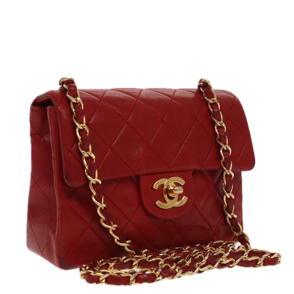 CHANEL Matelasse Chain Shoulder Bag Lamb Skin Gold Red CC Auth 96217A