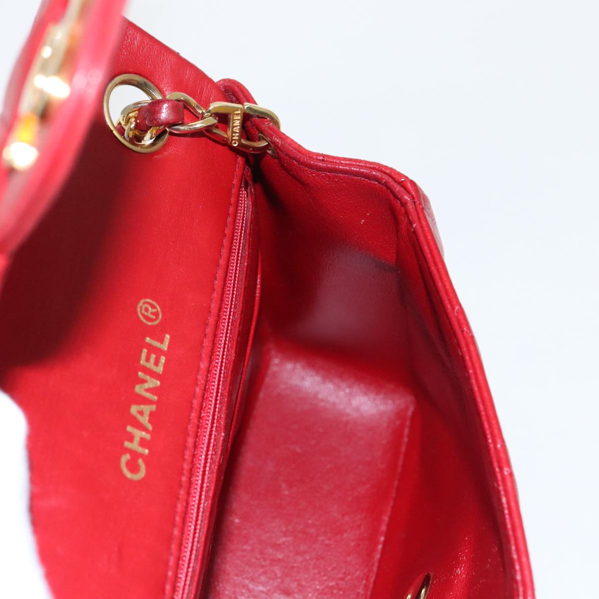 CHANEL Matelasse Chain Shoulder Bag Lamb Skin Gold Red CC Auth 96217A