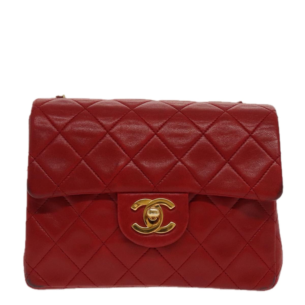 CHANEL Matelasse Chain Shoulder Bag Lamb Skin Gold Red CC Auth 96217A