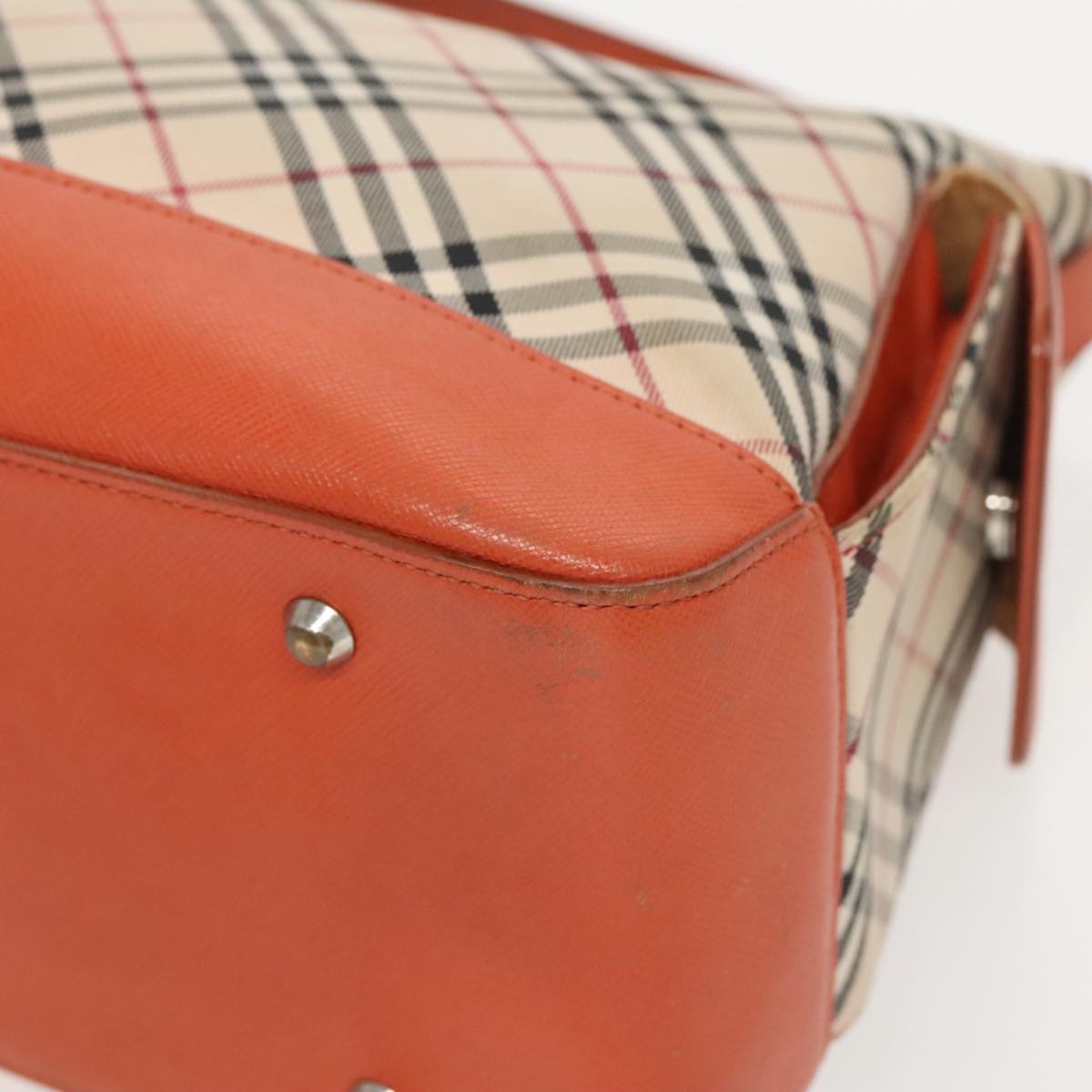 BURBERRY Nova Check Hand Bag Canvas Beige Orange Silver Auth 96220