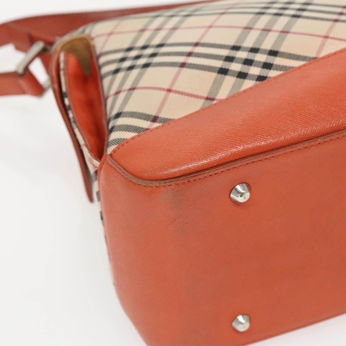 BURBERRY Nova Check Hand Bag Canvas Beige Orange Silver Auth 96220