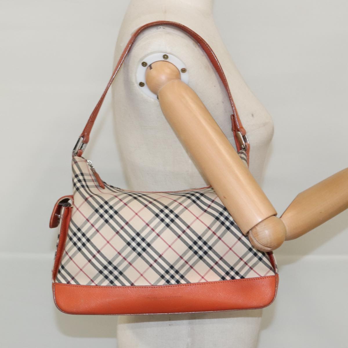 BURBERRY Nova Check Hand Bag Canvas Beige Orange Silver Auth 96220