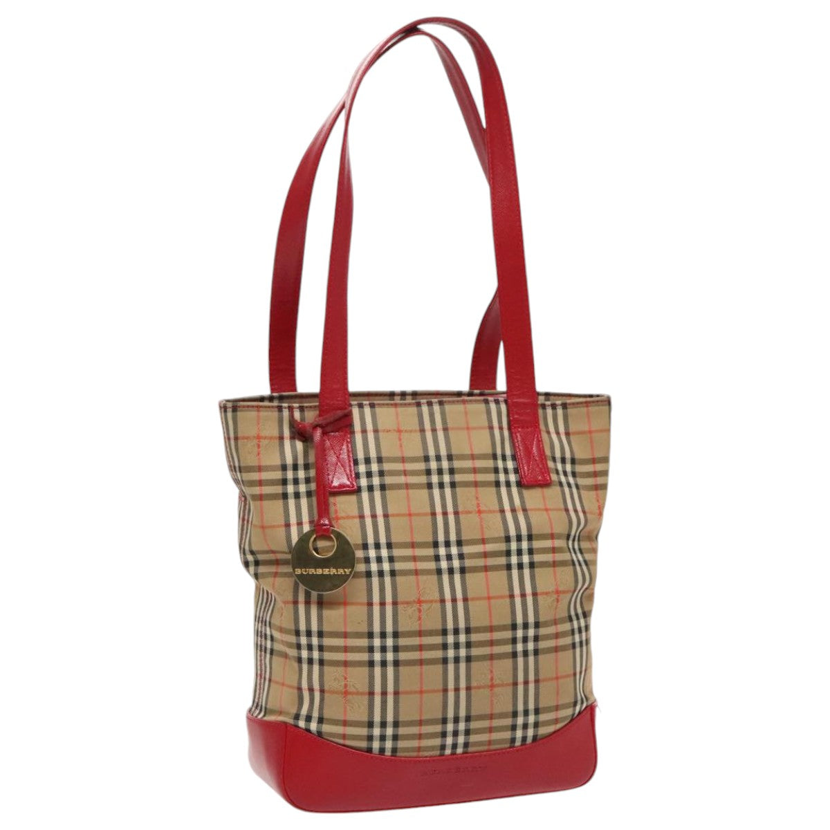 BURBERRY Nova Check Shoulder Bag Canvas Beige Red gold Auth 96222