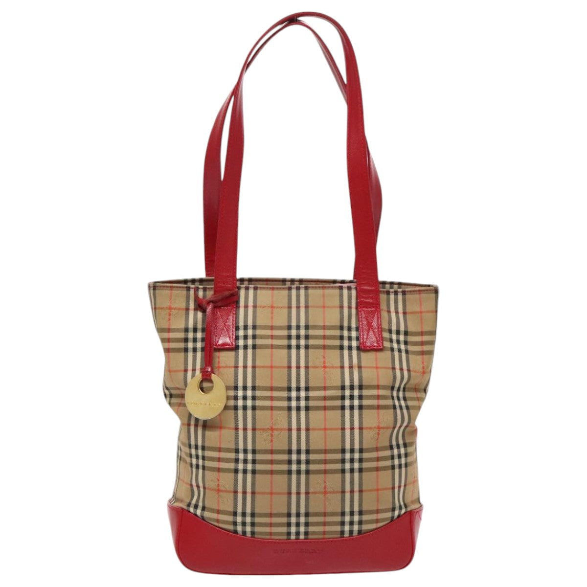 BURBERRY Nova Check Shoulder Bag Canvas Beige Red gold Auth 96222