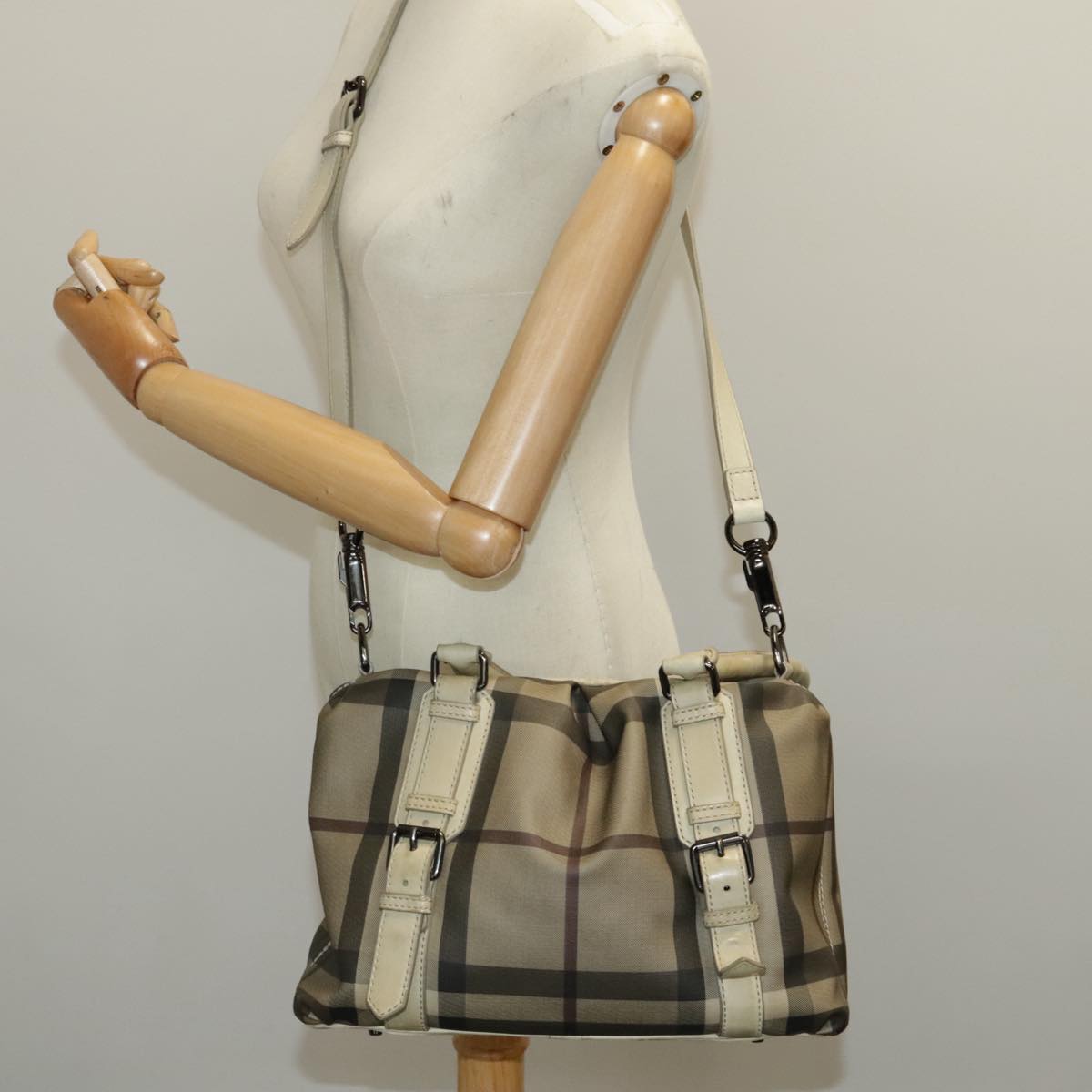 BURBERRY Nova Check Hand Bag PVC 2way Beige Auth 96223