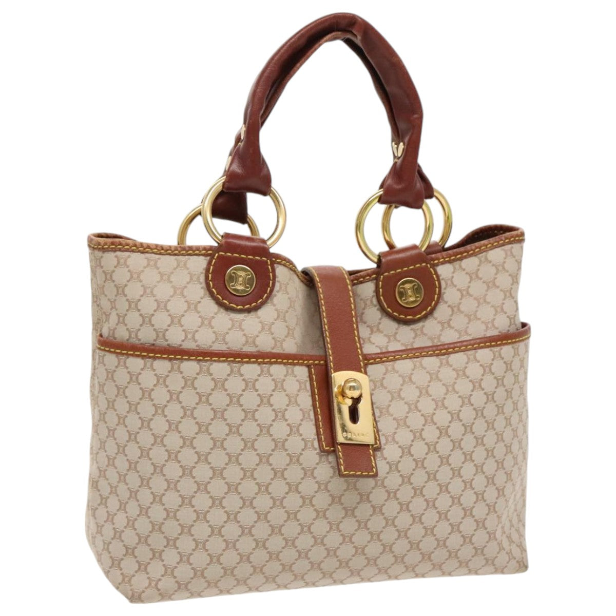 CELINE Macadam Canvas Hand Bag Beige Gold Auth 96230