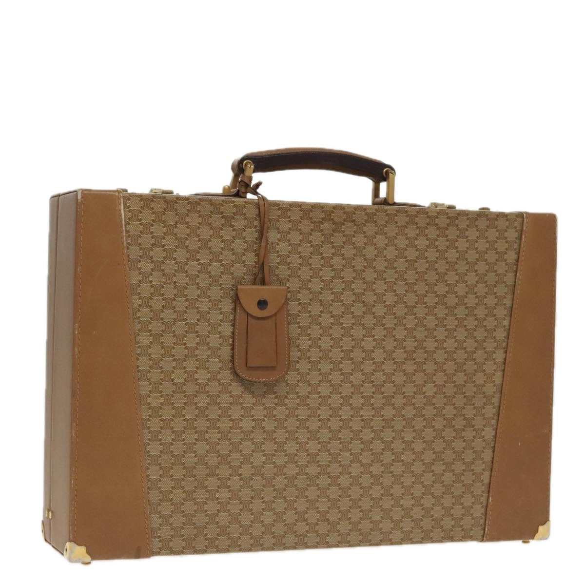 CELINE Attache Case Macadam Canvas Trunk Beige Gold Auth 96234