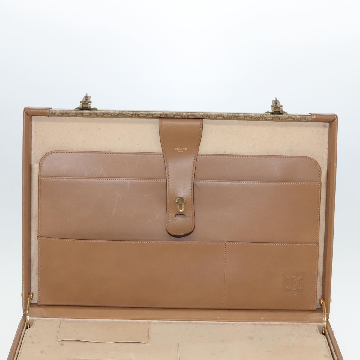 CELINE Attache Case Macadam Canvas Trunk Beige Gold Auth 96234