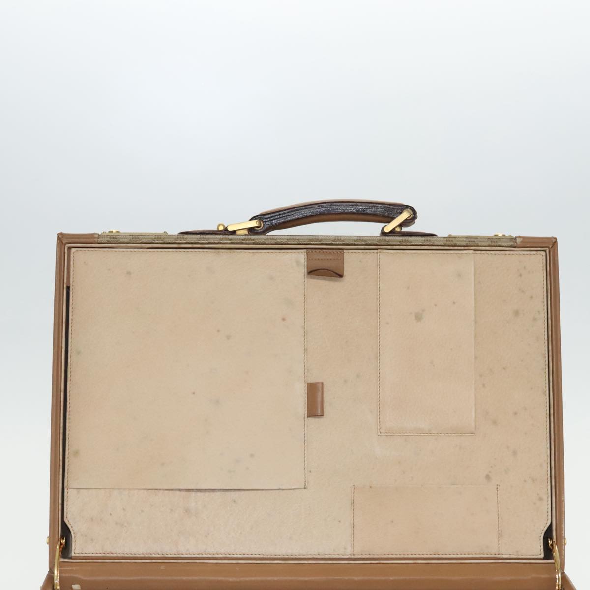 CELINE Attache Case Macadam Canvas Trunk Beige Gold Auth 96234