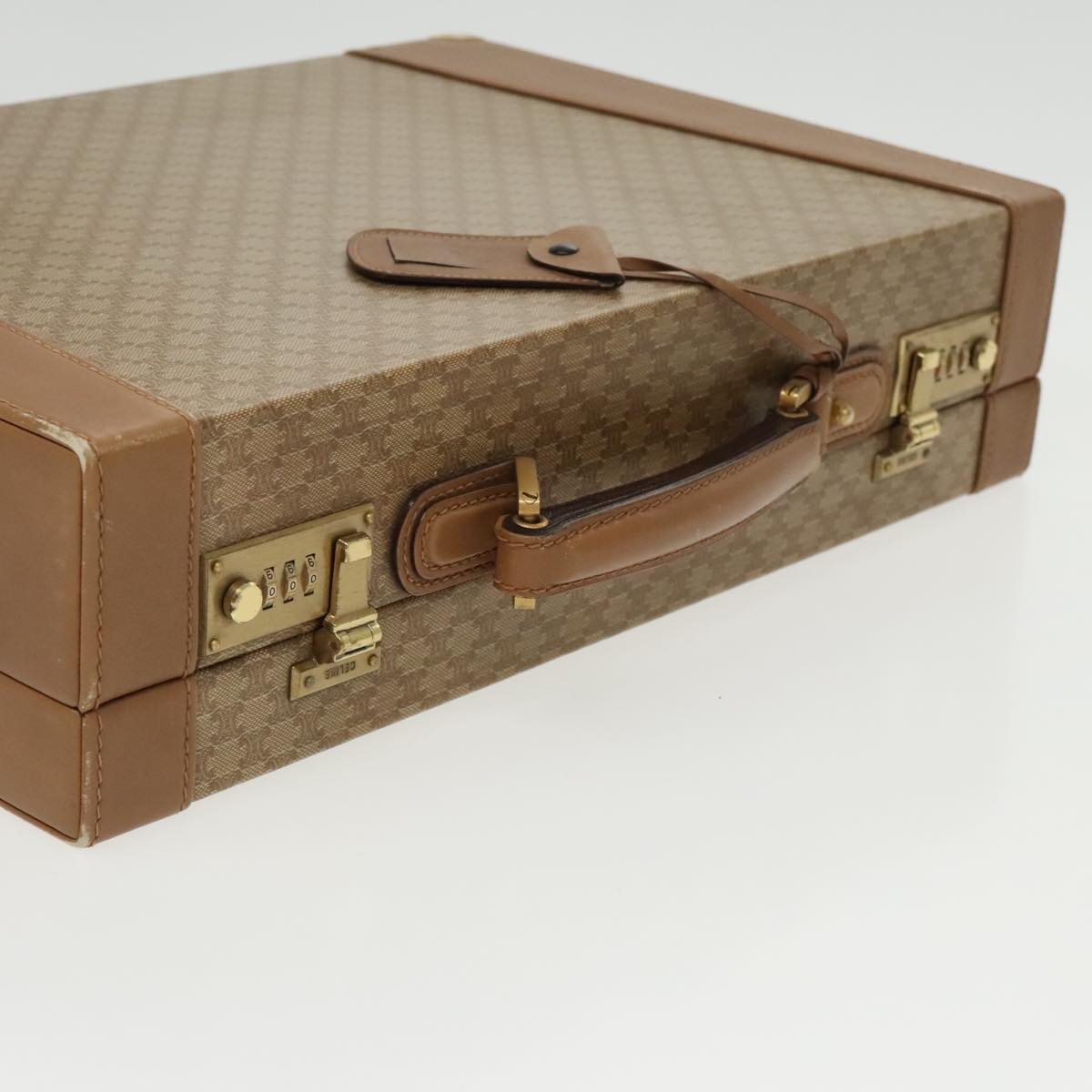 CELINE Attache Case Macadam Canvas Trunk Beige Gold Auth 96234