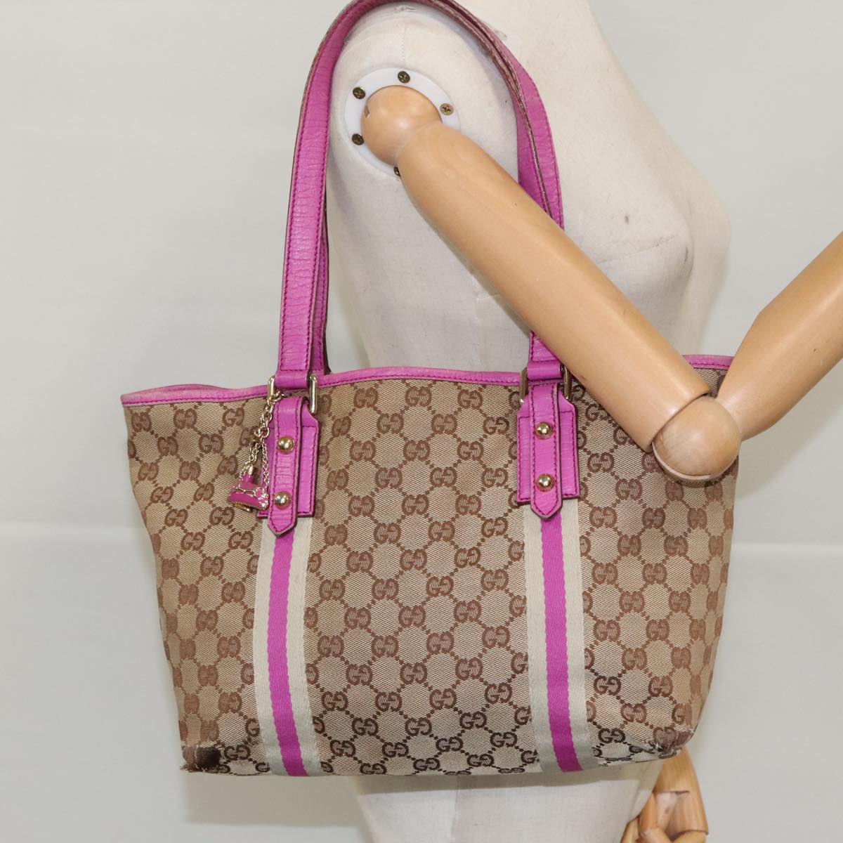 GUCCI GG Canvas Sherry Line Tote Bag Beige Gold purple 137396 Auth 96236