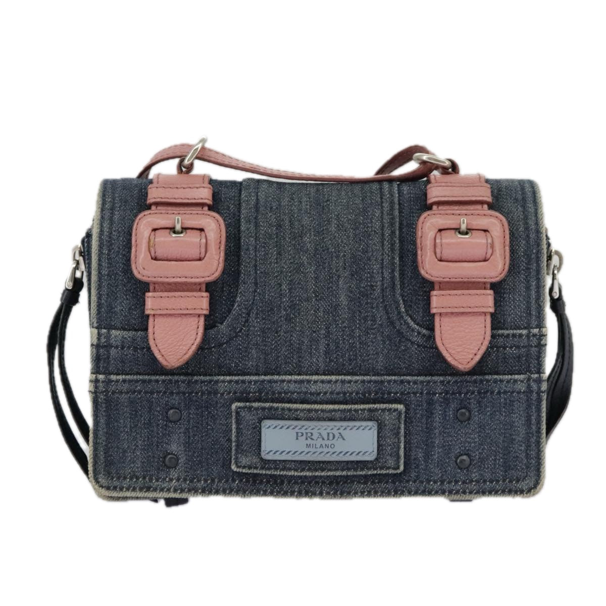 PRADA Shoulder Bag Denim Blue Silver Auth 96240 - 0