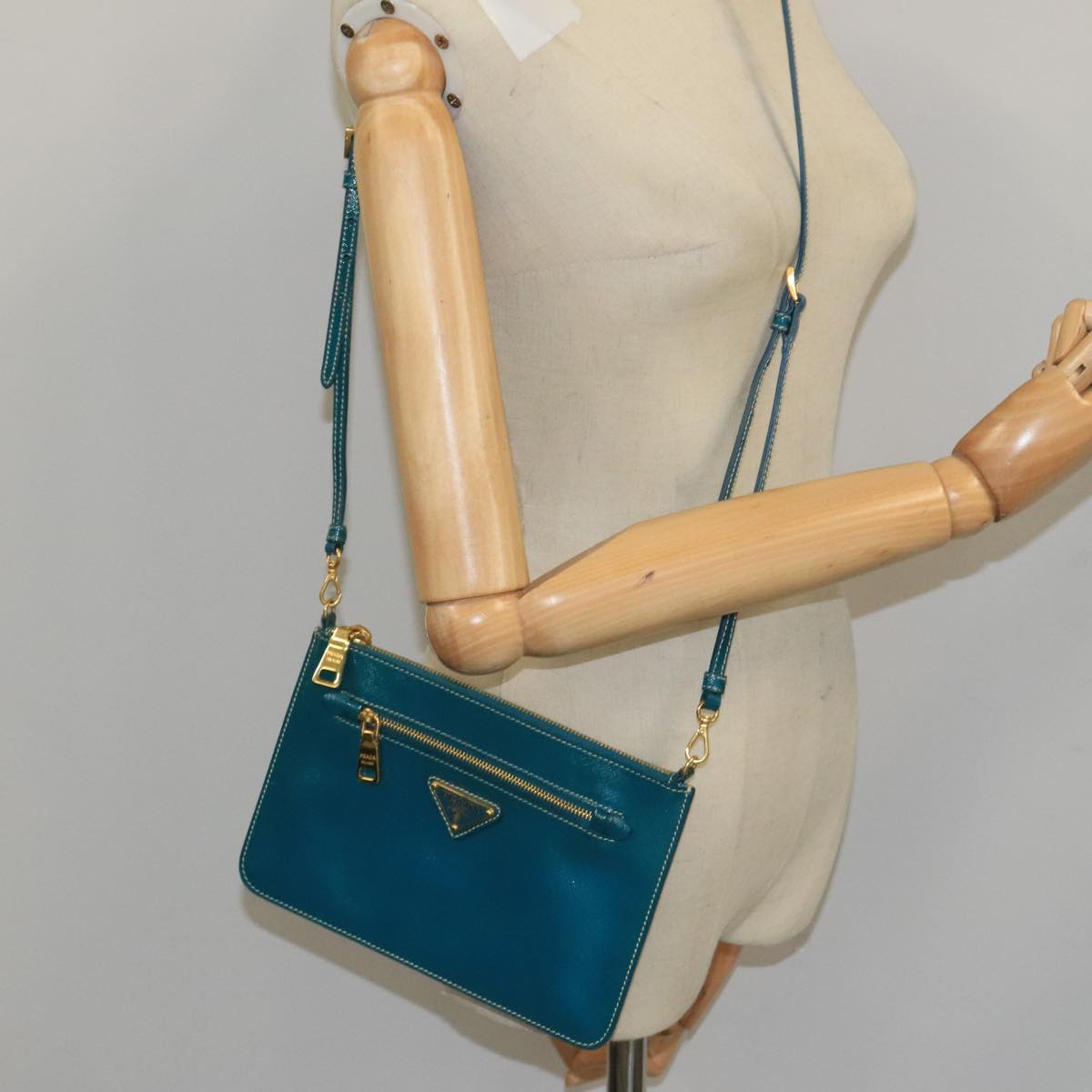 PRADA Shoulder Bag Safiano leather Turquoise Blue Gold Auth 96244