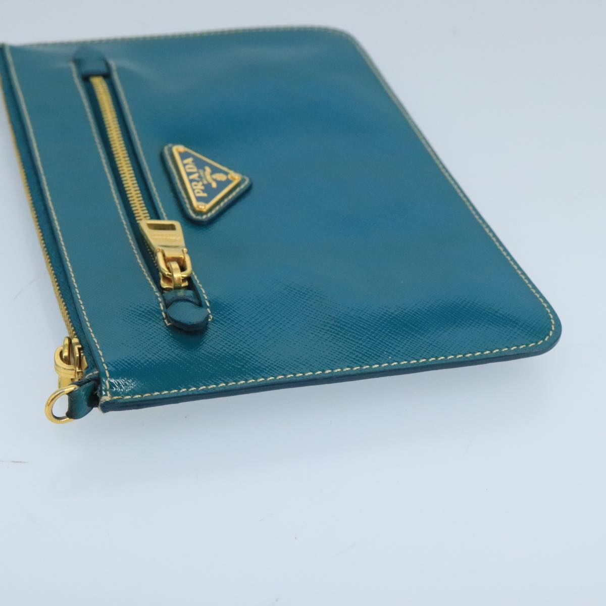 PRADA Shoulder Bag Safiano leather Turquoise Blue Gold Auth 96244