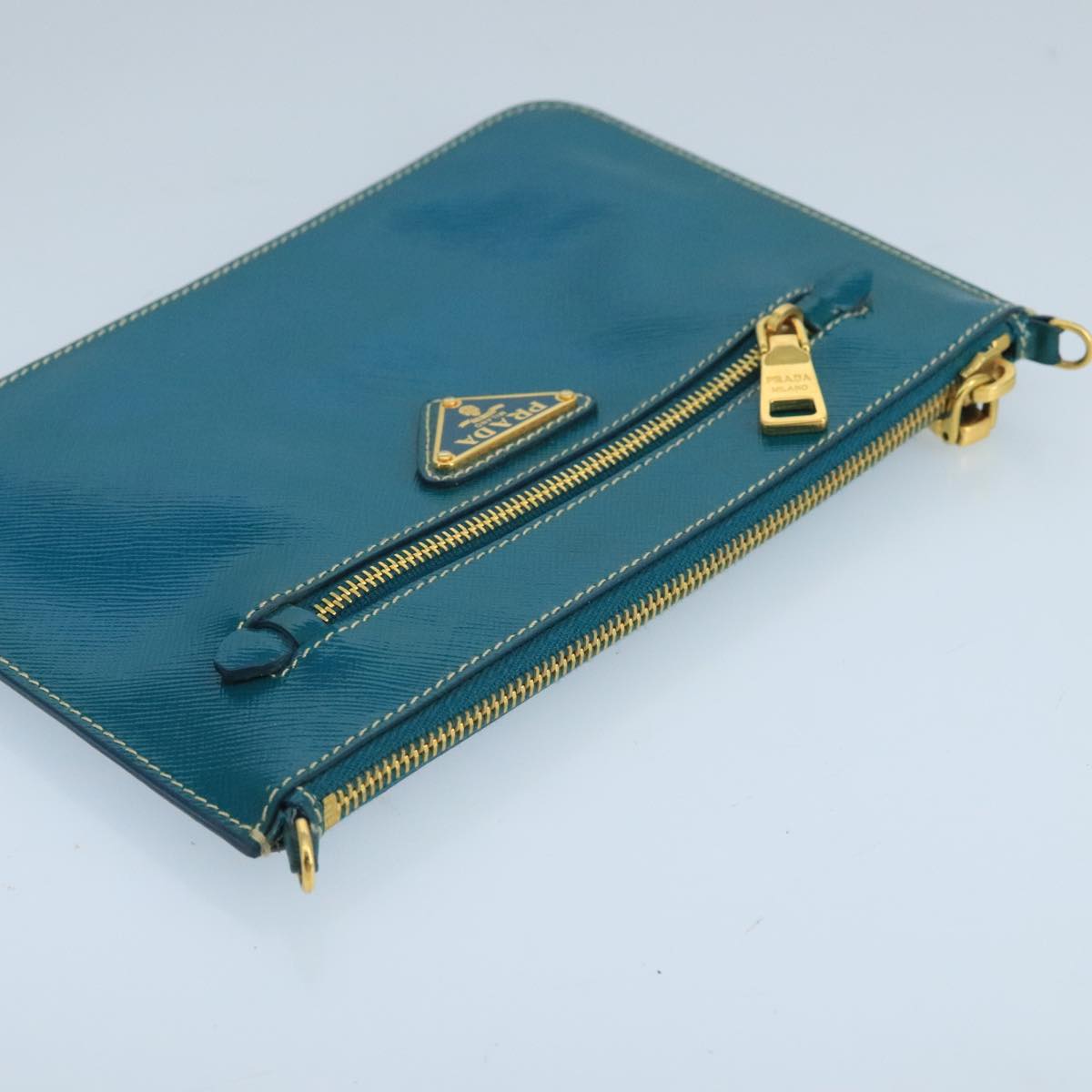 PRADA Shoulder Bag Safiano leather Turquoise Blue Gold Auth 96244