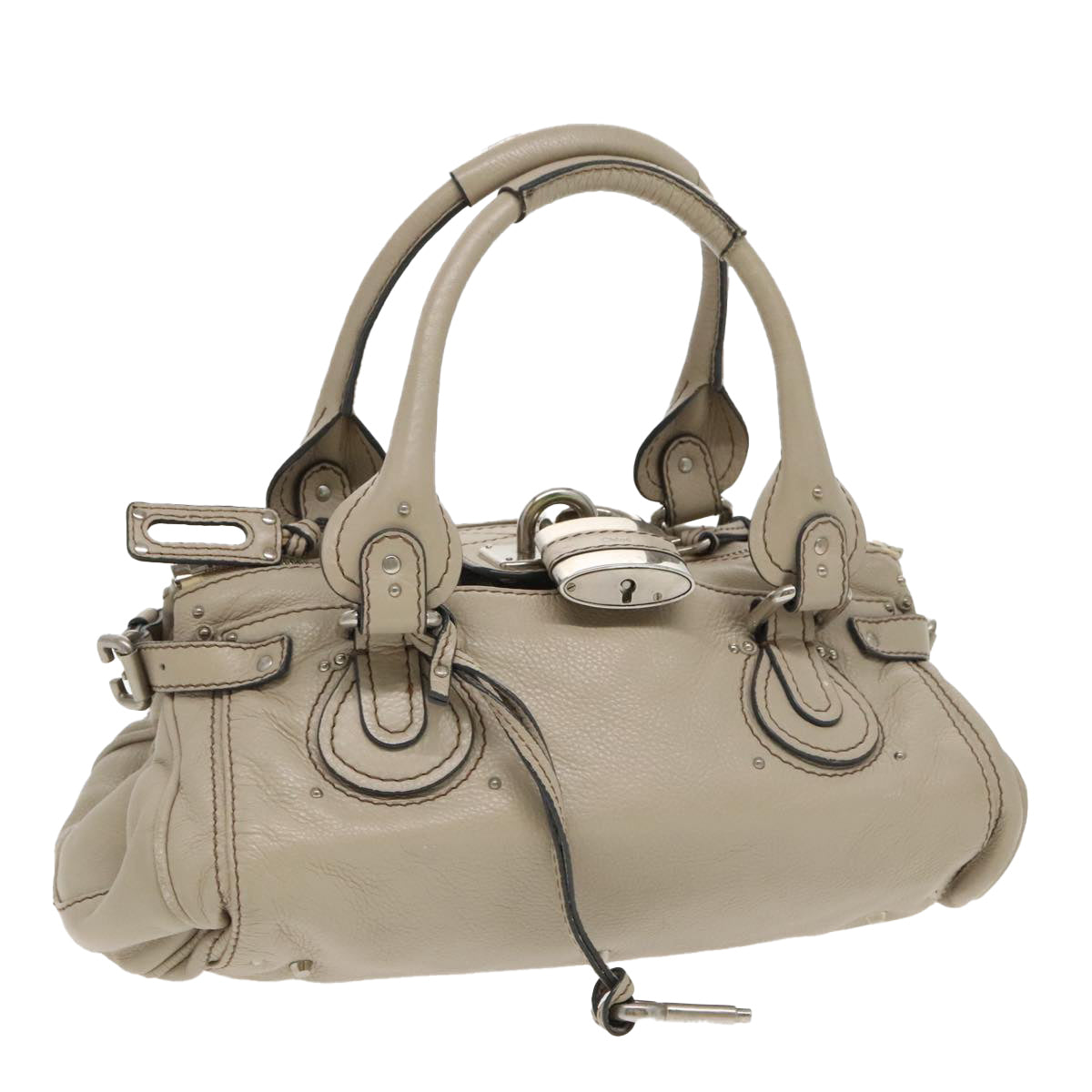 Chloe Paddington Shoulder Bag Leather Beige Silver Auth 96256