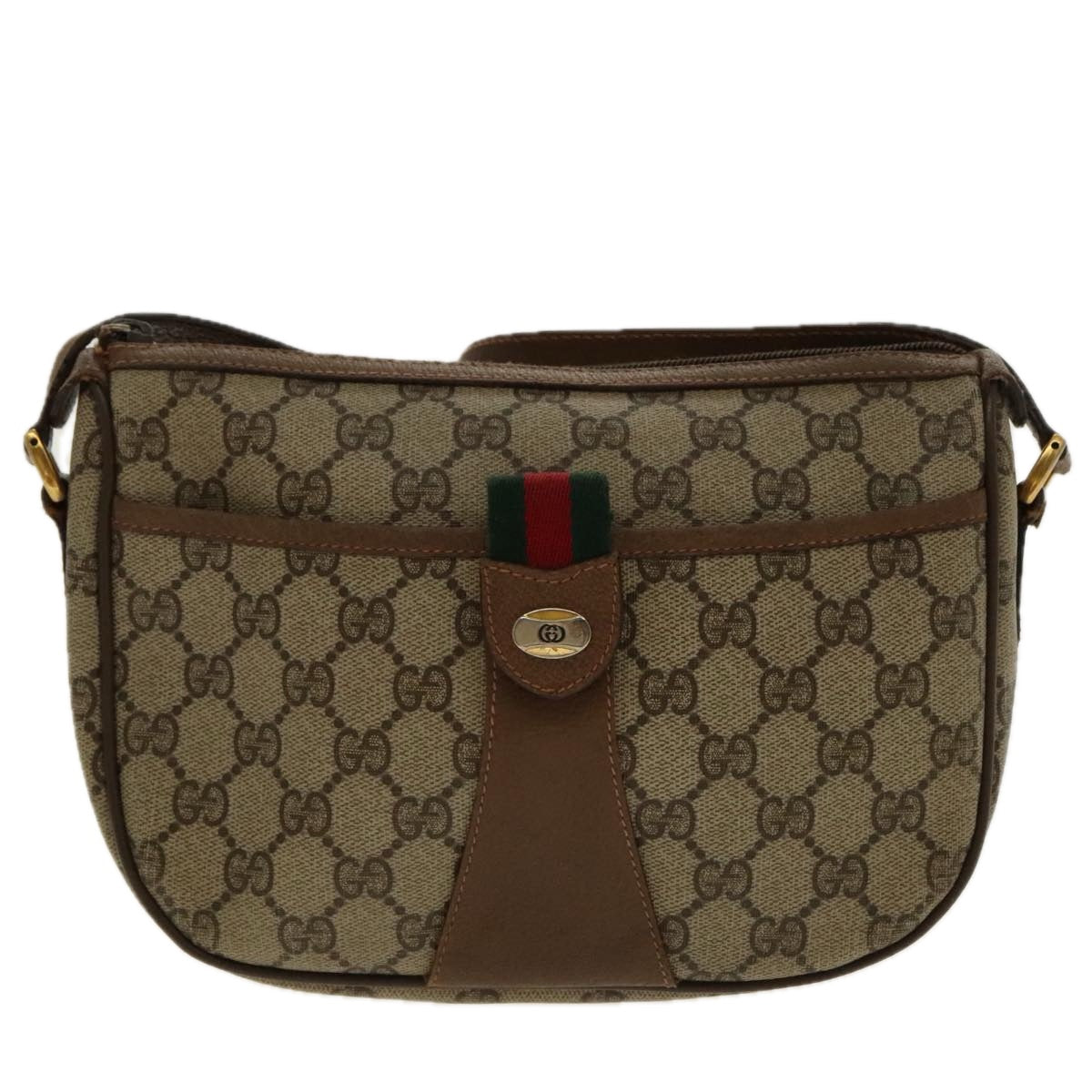 GUCCI GG Supreme Web Sherry Line Shoulder Bag PVC Beige Gold Auth 96279