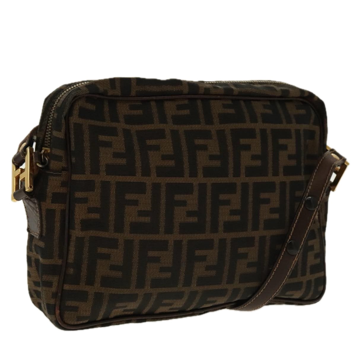 FENDI Zucca Canvas Shoulder Bag Black Brown gold Auth 96320