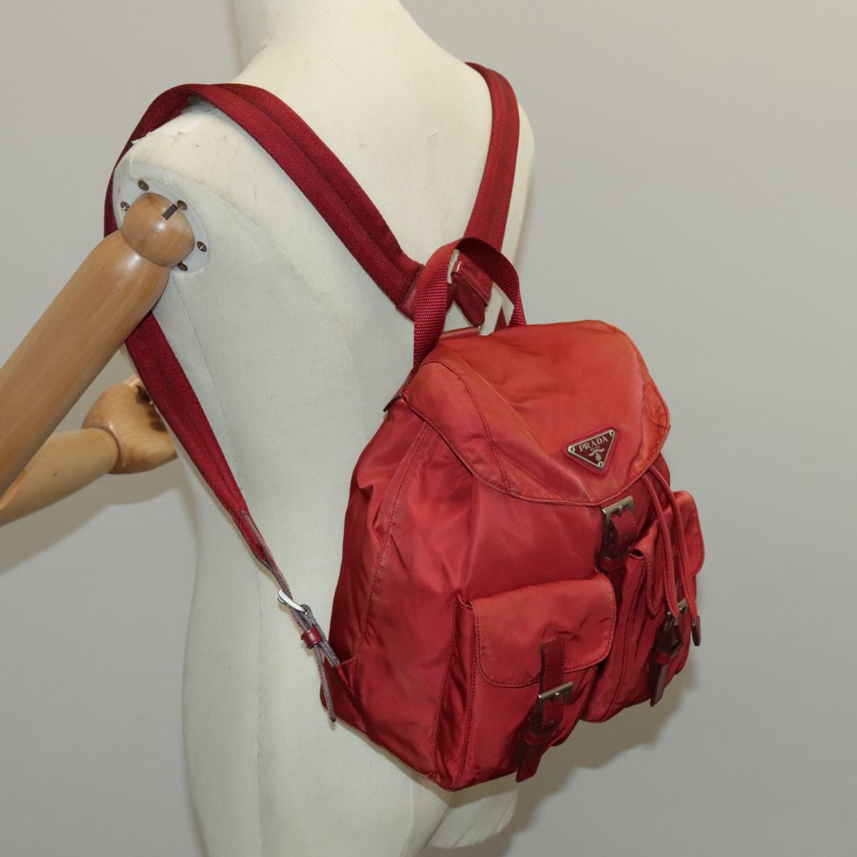 PRADA Backpack Nylon Red Silver Auth 96345