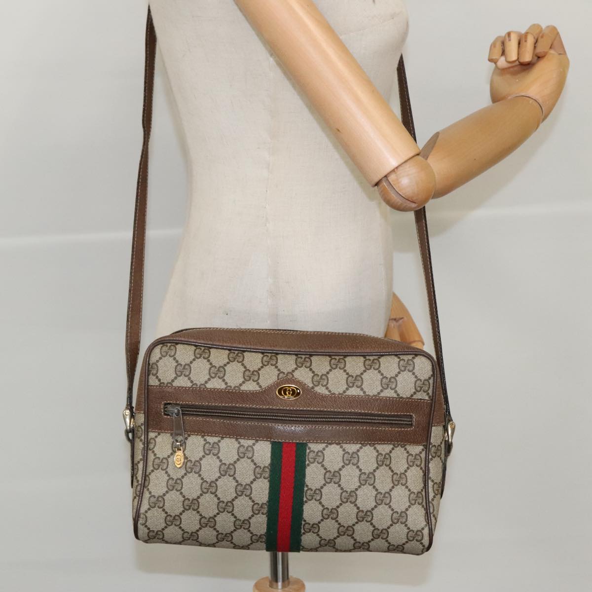 GUCCI GG Supreme Web Sherry Line Shoulder Bag PVC Beige 904 02 005 Auth 96357