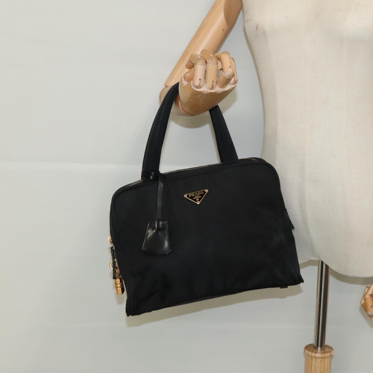 PRADA Hand Bag Nylon Black Gold Auth 96372