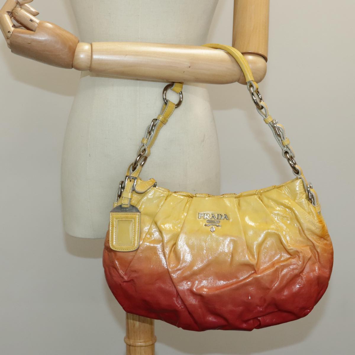 PRADA Hand Bag Enamel Yellow Silver Auth 96373