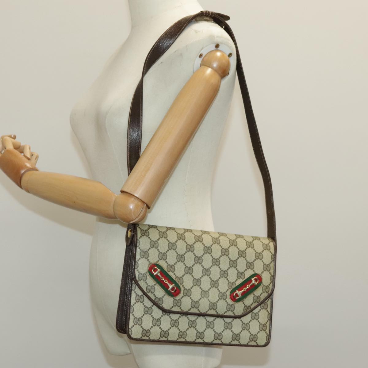 GUCCI GG Supreme Web Sherry Line Shoulder Bag PVC Beige Red Green Auth 96385