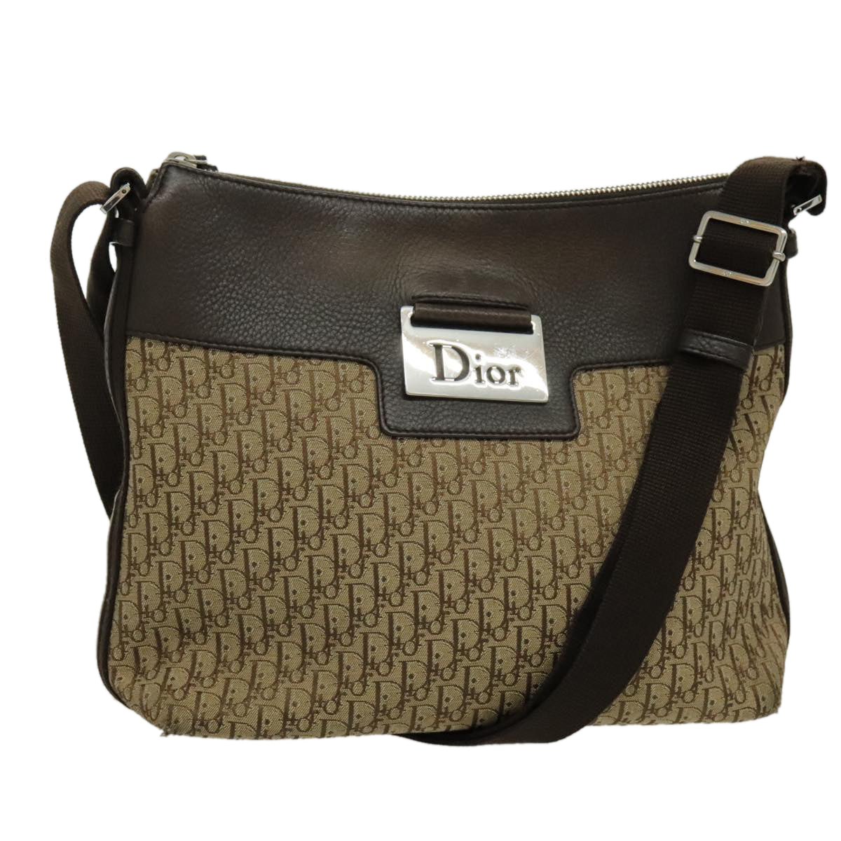 Christian Dior Trotter Canvas Shoulder Bag Beige Brown Silver Auth 96398