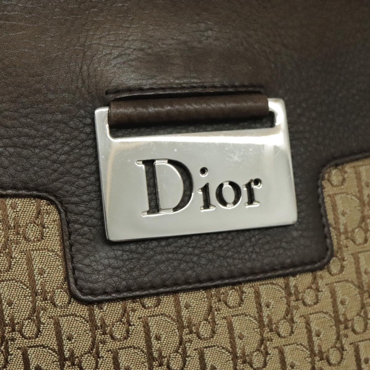 Christian Dior Trotter Canvas Shoulder Bag Beige Brown Silver Auth 96398